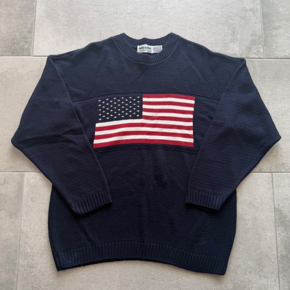 Vintage 90s New Era American Flag Sweater Mens Large Navy Blue Knit Made in USA